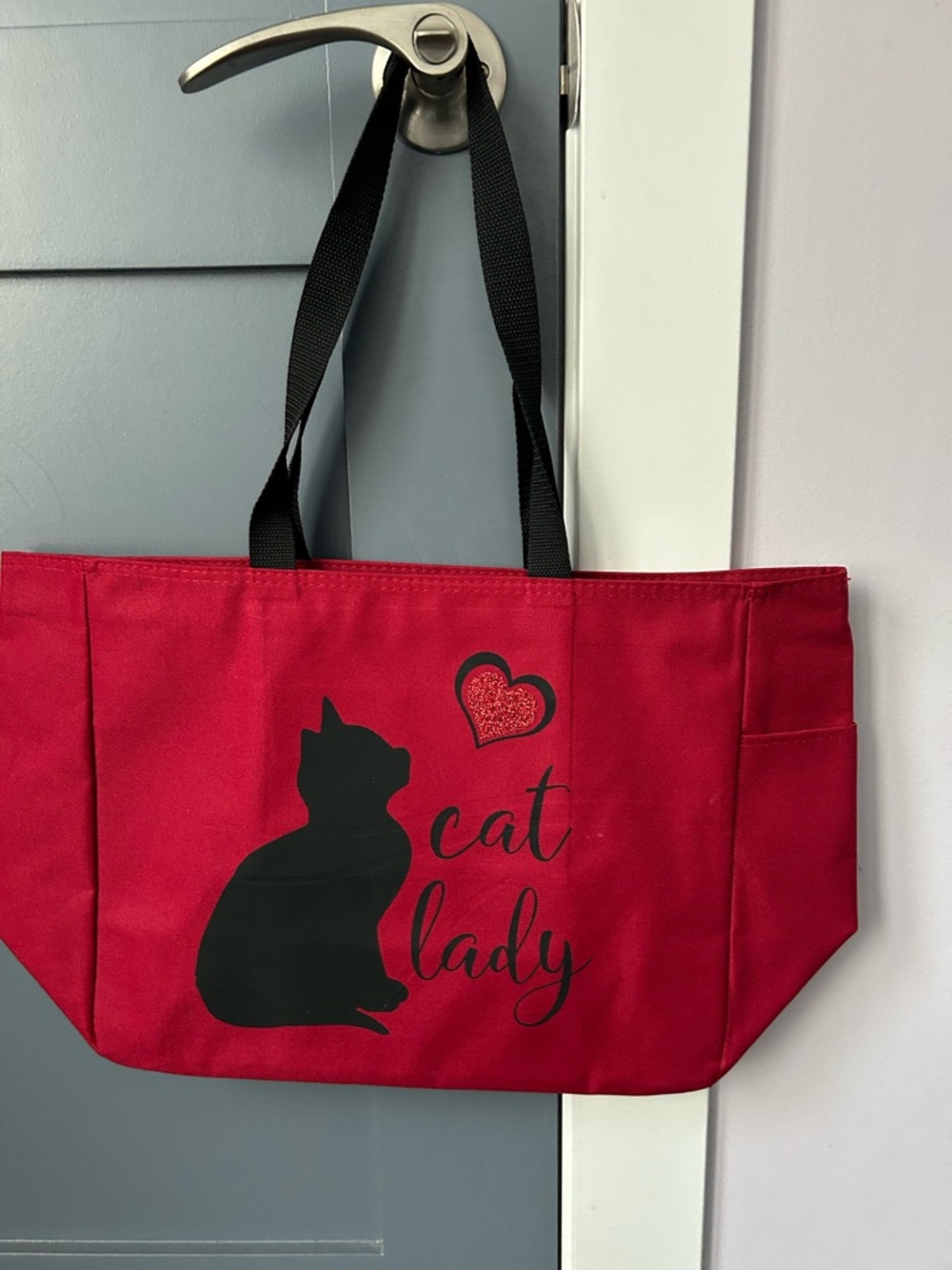 Red 'Cat Lady' Tote Bag with Black Cat Silhouette
